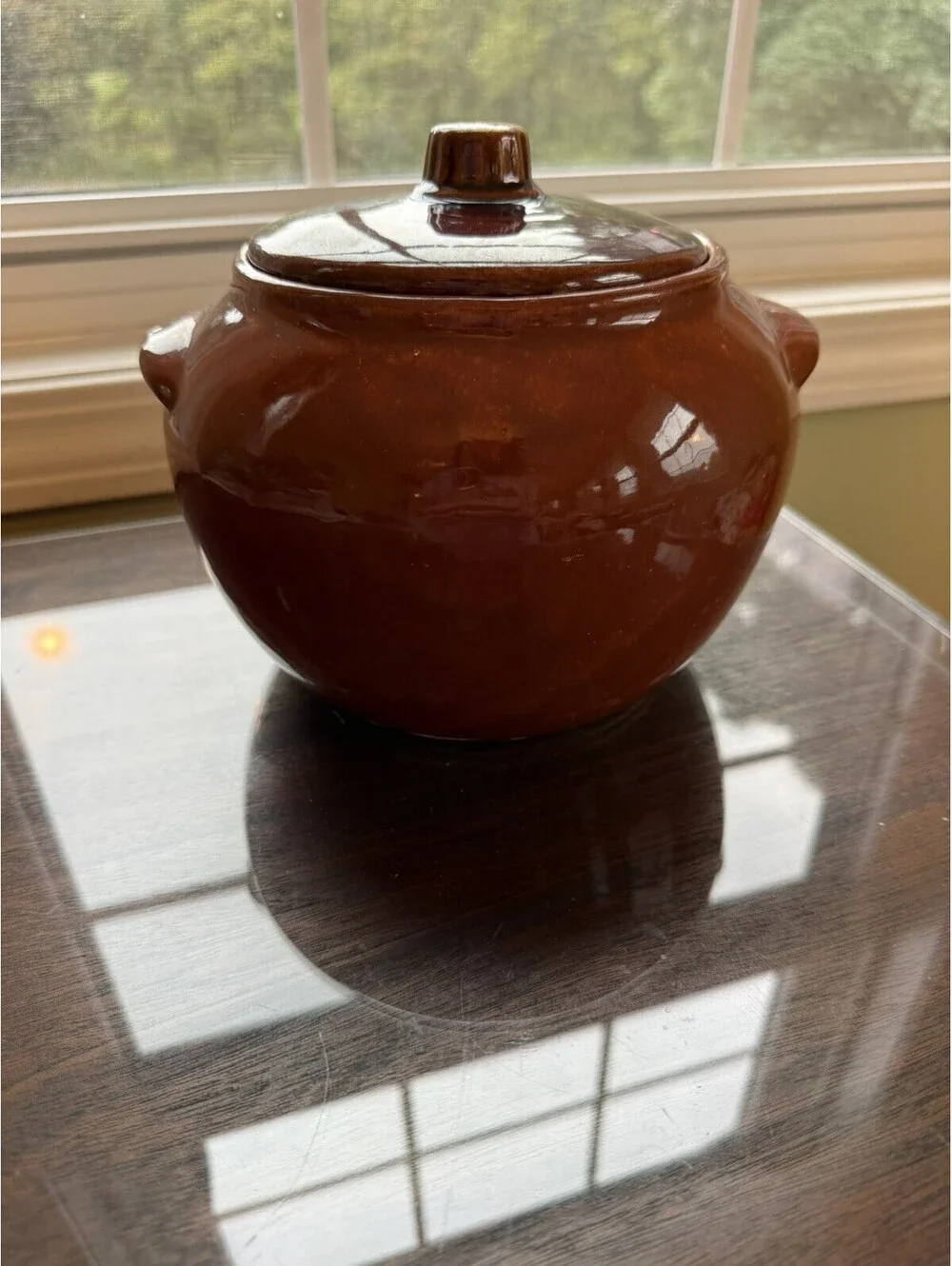 Vintage Brown Bean Pot Crock, stoneware Double Handle Lid